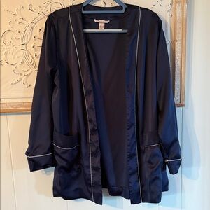 Navy Satin Open Blazer with White Piping